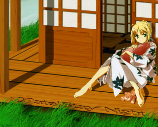 Porch woman anime garden kimono - grass in front free wallpaper