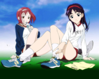 Anime girls sitting outdoors bird - their leg free wallpaper