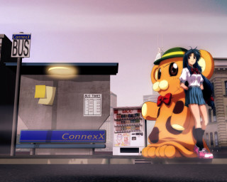 Cartoon character giant cat city - a city street free wallpaper