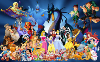 Disney characters group blue background - pixar and disney animation free wallpaper