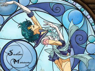 Stained glass woman surfboard wave - art nouveau free wallpaper