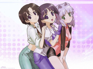 Three purple haired girls green - a purple background free wallpaper