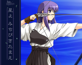 Purple hair archery woman blue - a blue sky behind her free wallpaper