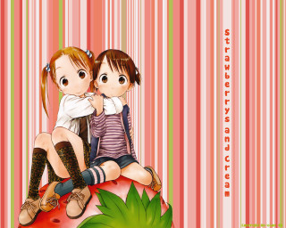 Strawberry siblings manga illustration striped - a green leaf in the foreground free wallpaper