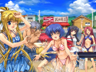Anime girls bathing suits city - a man in the background and a woman in the foreground free wallpaper
