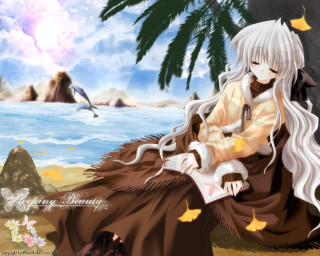 Beach woman palm tree bird - fantasy art free wallpaper for desktop