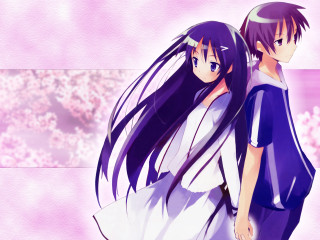 Anime siblings pink flower outdoors - two anime character free wallpaper