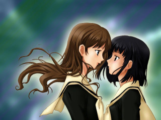 Anime kissing longhair bluebackground blush - two anime character free wallpaper
