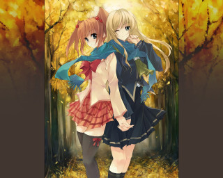 Autumn anime girls forest leaves - the ground and trees free wallpaper