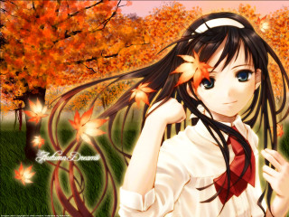 Girl long hair bow tie 3 - orange leaf free wallpaper