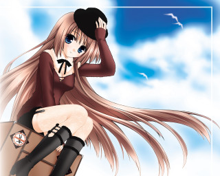 Girl longhair suitcase sky clouds - neoromanticism free wallpaper