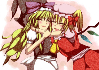 Longhair girls hug bows anime - a drawing free wallpaper