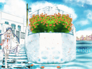 Woman stairs flower pool blue - a cane free wallpaper