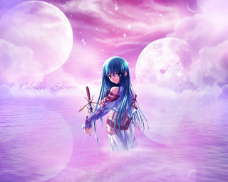 Blue haired girl water sword - a full moon in the background free wallpaper