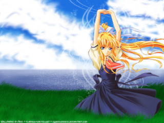 Blonde woman black dress field - anime visual free wallpaper