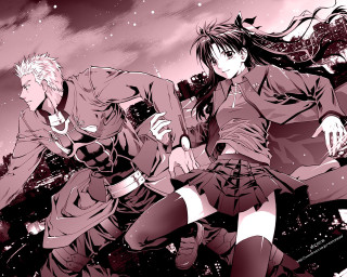 Anime couple running city stars - a city in the background free wallpaper