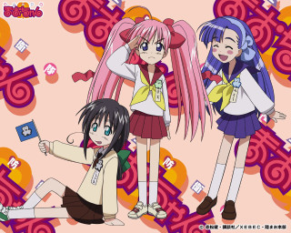 Three anime girls pink blue 2 - a pink hair free wallpaper