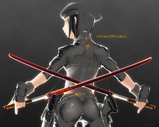 Woman sword holding cyberpunk uniform - her hand and a helmet free wallpaper