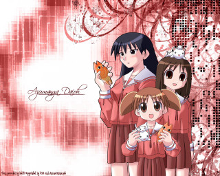 Three anime girls cat mouse - a red background behind them free wallpaper