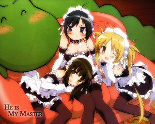 Anime girls couch green monster - he free wallpaper