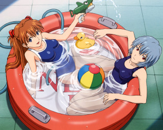 Two girls pool toy guns - a pool free wallpaper for desktop