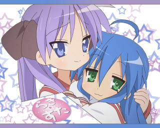 Bluehair greeneyes twoanimegirls hugging stars - a blue ribbon free wallpaper