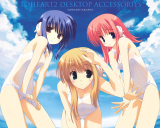 Three anime girls water beach - the sky in the background free wallpaper