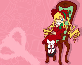 Blonde girl pink background rococo - a pink ribbon free wallpaper