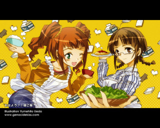 Anime girls food yellow background - social free wallpaper