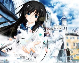 Anime girl white cat cityscape - cloud and buildings free wallpaper