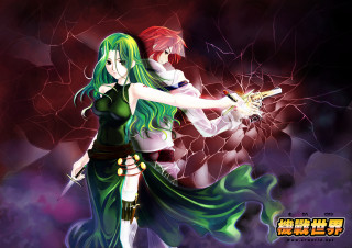 Green dress girls gun anime - her hand and another woman free wallpaper