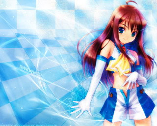 Anime girl redhair blueeyes checkered - long red hair free wallpaper