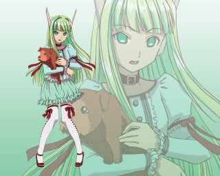 Girl aqua green hair teddy - long hair holding free wallpaper