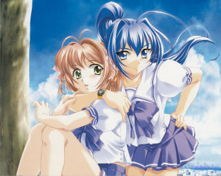 Two anime girls hugging tree - together free wallpaper