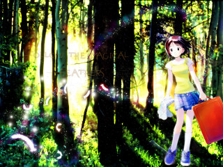 Girl yellow shirt red suitcase - tree and grass free wallpaper