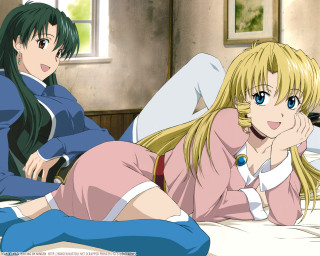 Anime girls bed room cat - top of a bed together free wallpaper