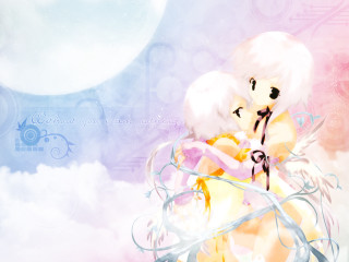 Anime characters hugging clouds blue - background free wallpaper