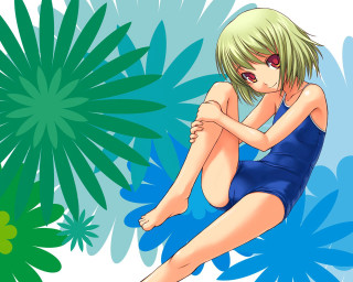 Cartoon girl swimsuit flower leaves - green free wallpaper for desktop