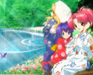 Anime girls pond butterfly kimono - over the water free wallpaper