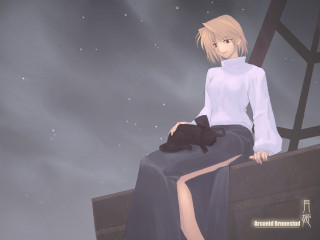 Woman cat night sky moon - a ledge free wallpaper