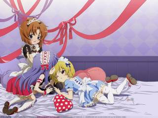 Anime girls bed cat stuffed - their lap free wallpaper