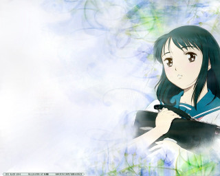 Girl black bag blue sky - long hair holding free wallpaper