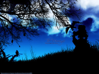 Silhouette bird field tree clouds - matte fantasy painting free wallpaper
