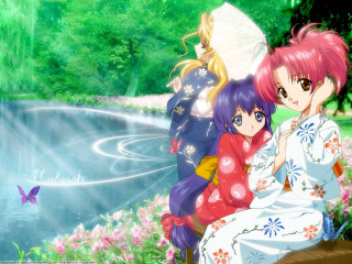 Anime girls pond butterfly kimono 3 - a bench next free wallpaper