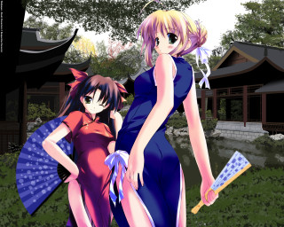 Anime girls dresses field house - a house in the background free wallpaper