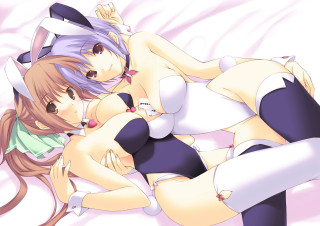 Anime girls bed top hat 2 - top of a bed together free wallpaper
