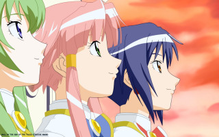 Three pink haired girls green - green eye free wallpaper