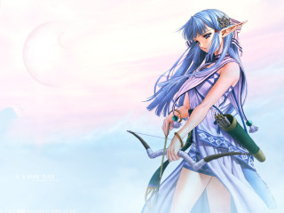 Bluehair elf archer pinksky fantasy - blue hair holding free wallpaper