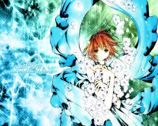 Anime girl red hair bouquet - white flower free wallpaper