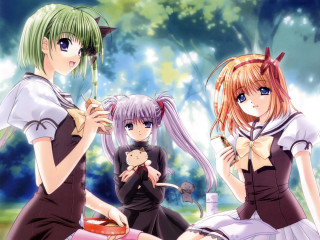Anime girls park bench cats - magic realism free wallpaper